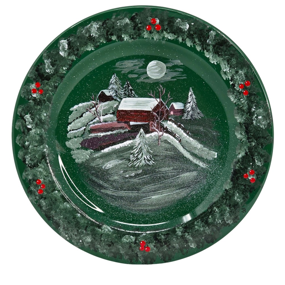 Waechtersbach Hand Painted Plate Winter Scene Green Barn Holiday Berries